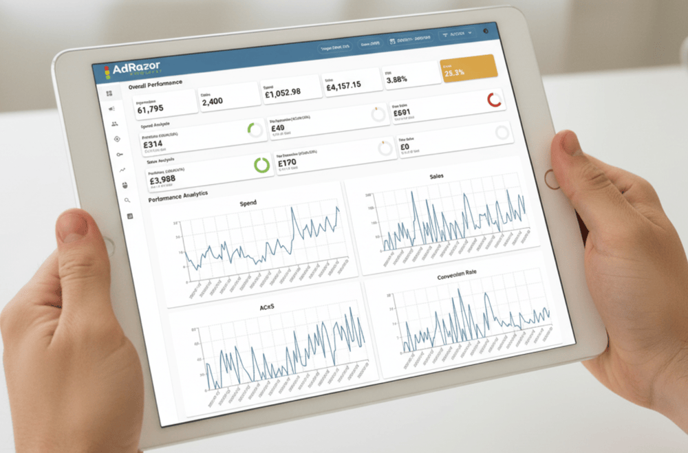 Amazon PPC Dashboard showing campaign analytics on tablet device